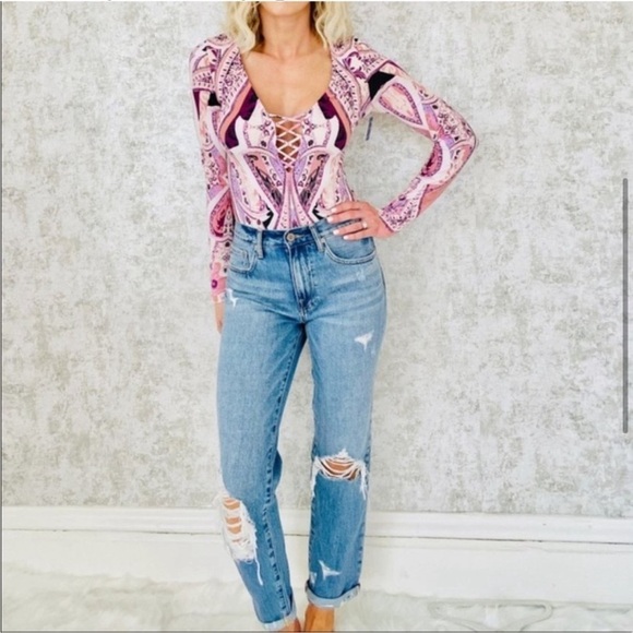 Free People Tops - Free People Pick a Place Bodysuit Top Pink Purple Long Sleeve